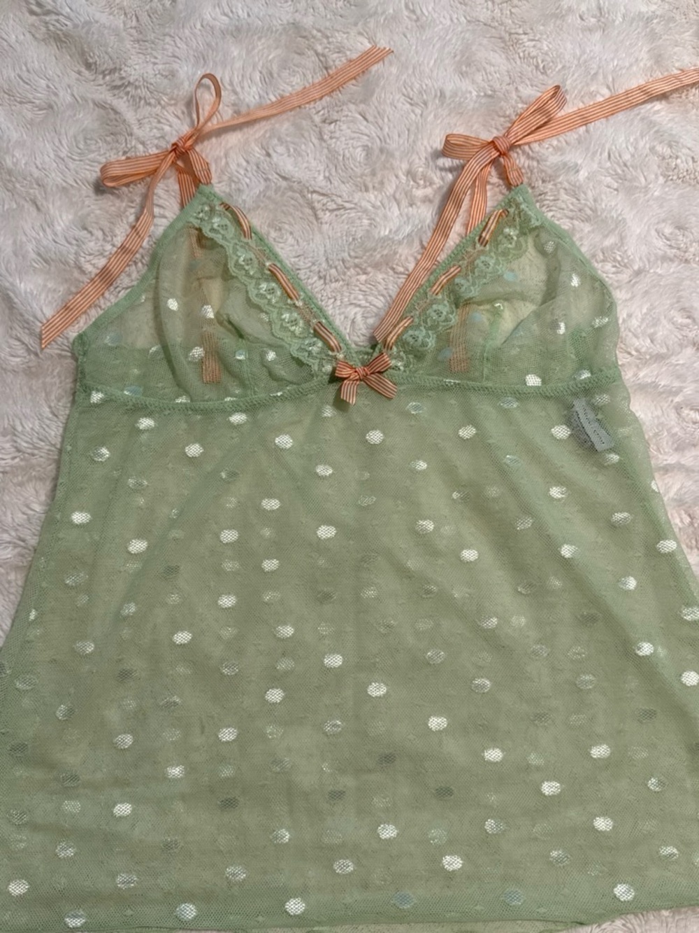 intimissimi Light Green Sheer Polka Dot Lace Chemise with Peach Ribbon Ties